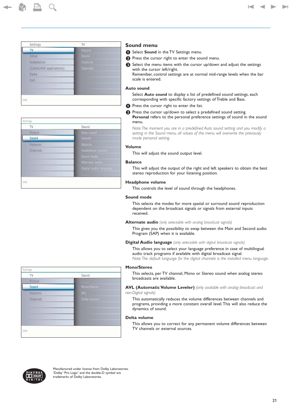 Sound menu | Philips 32PF9630A-37B User Manual | Page 25 / 52