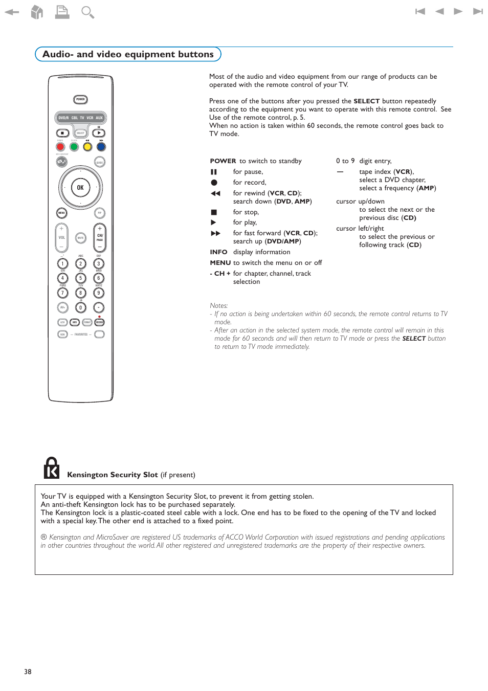 Audio- and video equipment buttons | Philips 32PF9630A-37B User Manual | Page 42 / 52