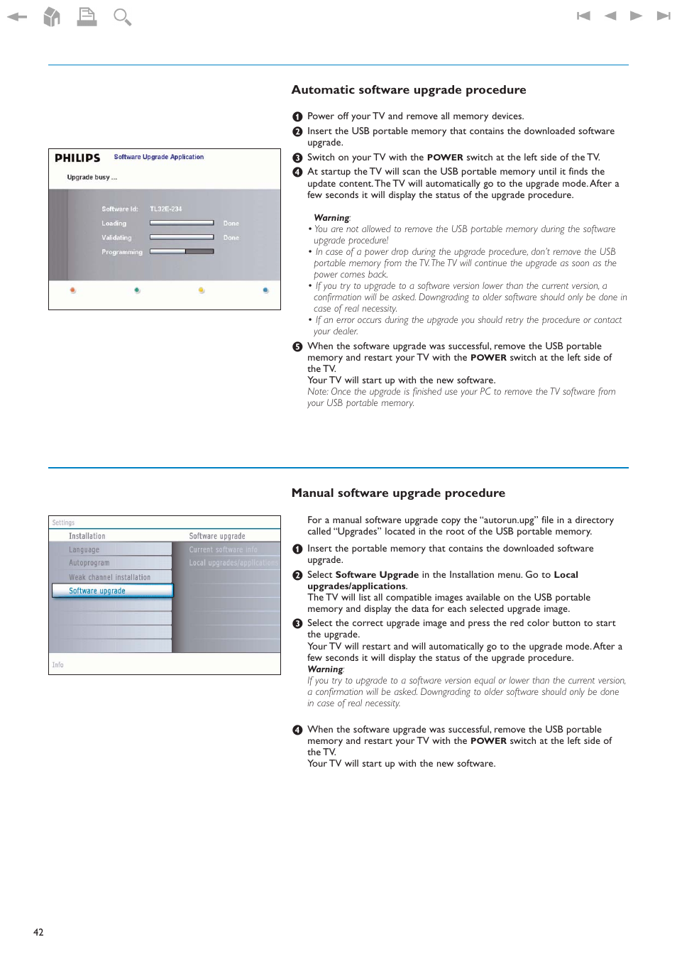 Manual software upgrade procedure, Automatic software upgrade procedure | Philips 32PF9630A-37B User Manual | Page 46 / 52