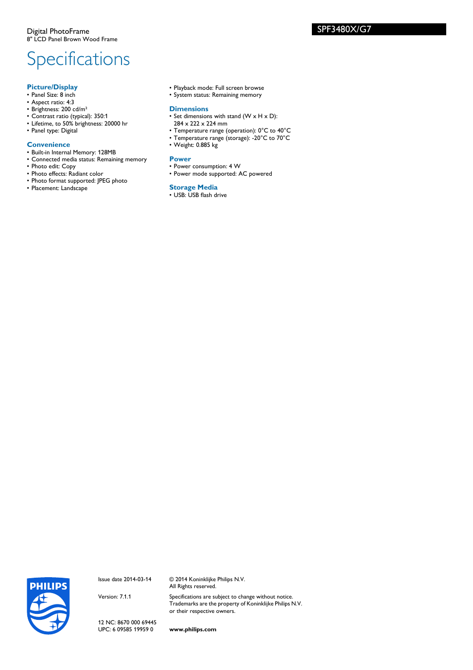 Specifications | Philips SPF3480X-G7 User Manual | Page 2 / 2