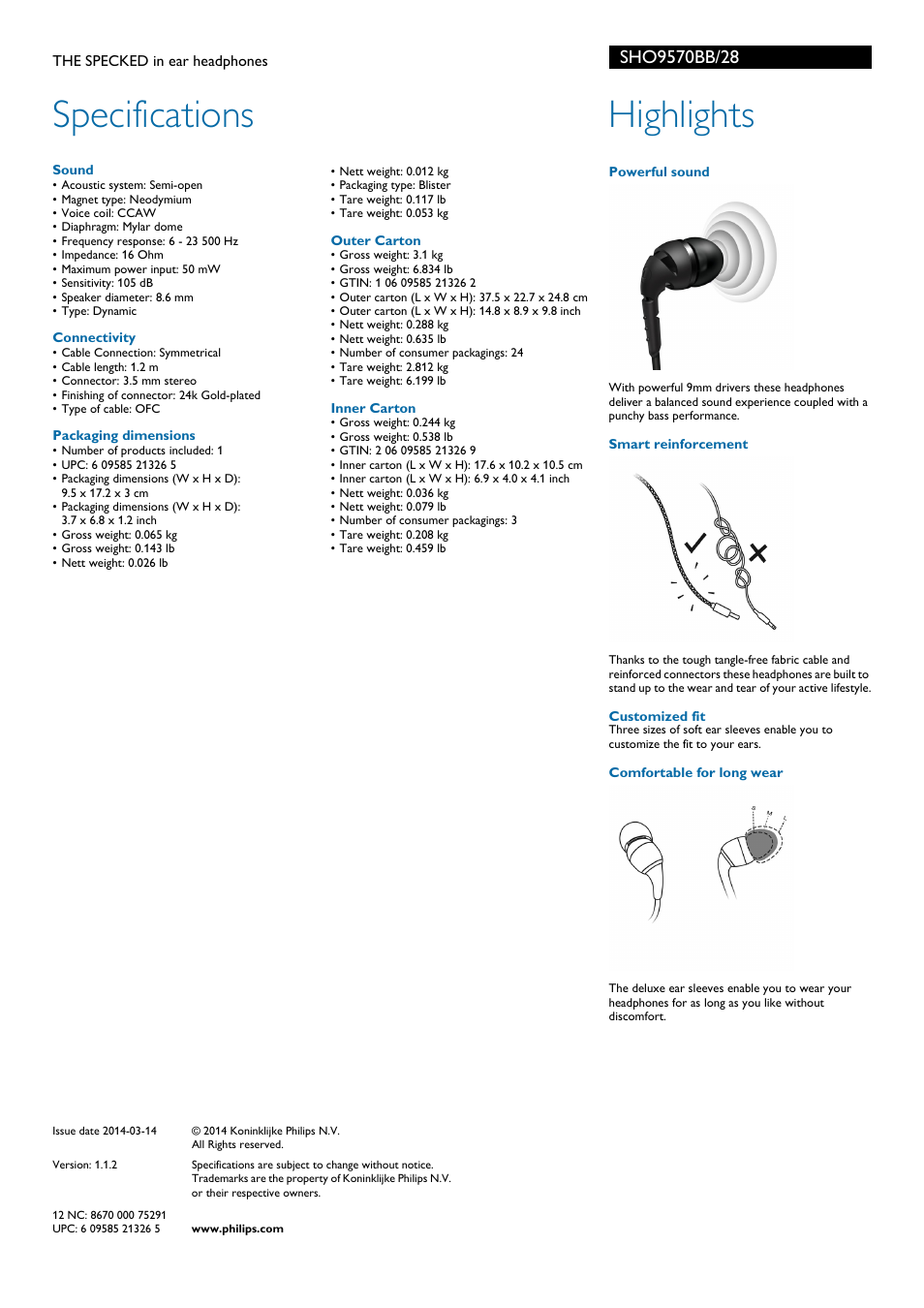 Specifications, Highlights | Philips SHO9570BB-28 User Manual | Page 2 / 2