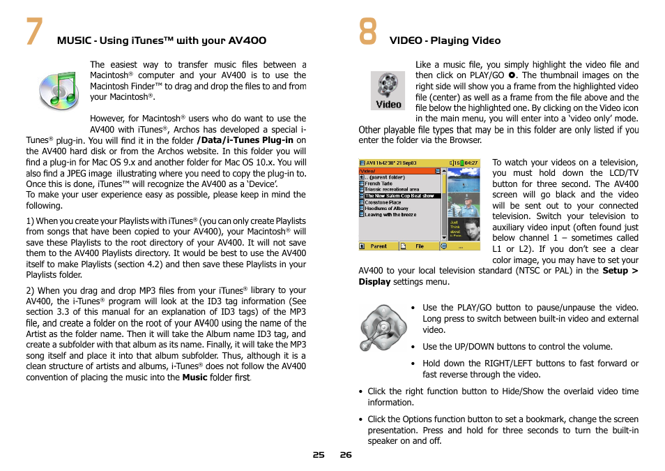 Music - using itunes™ with your av400, Video - playing video | ARCHOS AV400 Series User Manual | Page 13 / 39