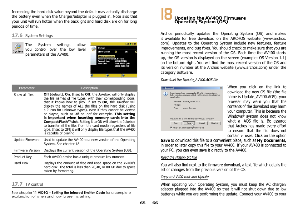 Updating the av400 firmware operating system (os) | ARCHOS AV400 Series User Manual | Page 33 / 39