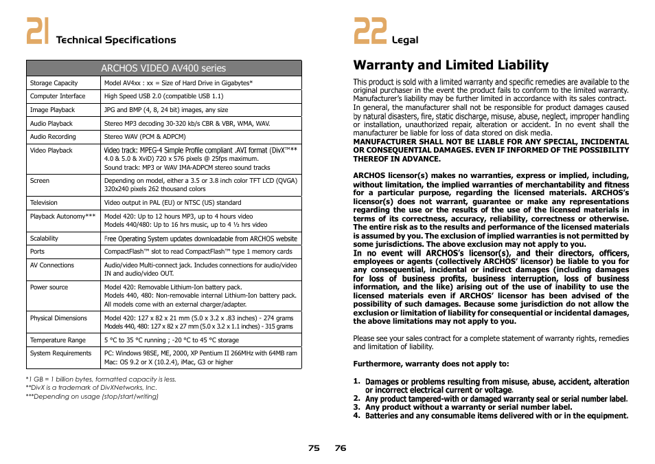 Warranty and limited liability, Technical specifications, Legal | Archos video av400 series | ARCHOS AV400 Series User Manual | Page 38 / 39