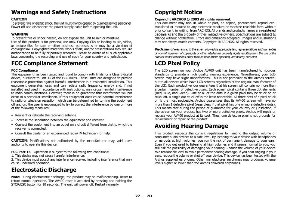 Warnings and safety instructions, Fcc compliance statement, Electrostatic discharge | Copyright notice, Lcd pixel policy, Avoiding hearing damage | ARCHOS AV400 Series User Manual | Page 39 / 39