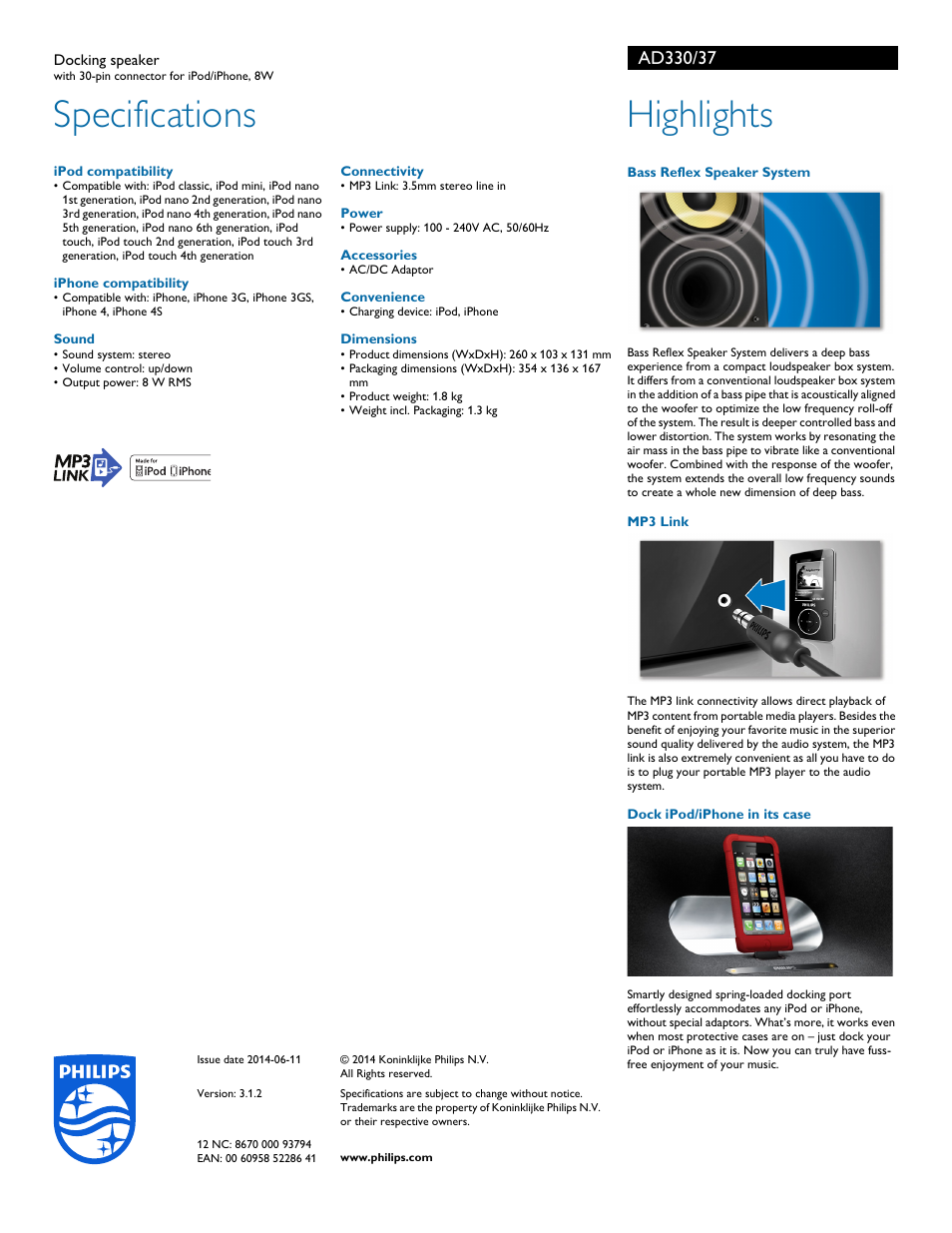 Specifications, Highlights | Philips AD330-37 User Manual | Page 2 / 2
