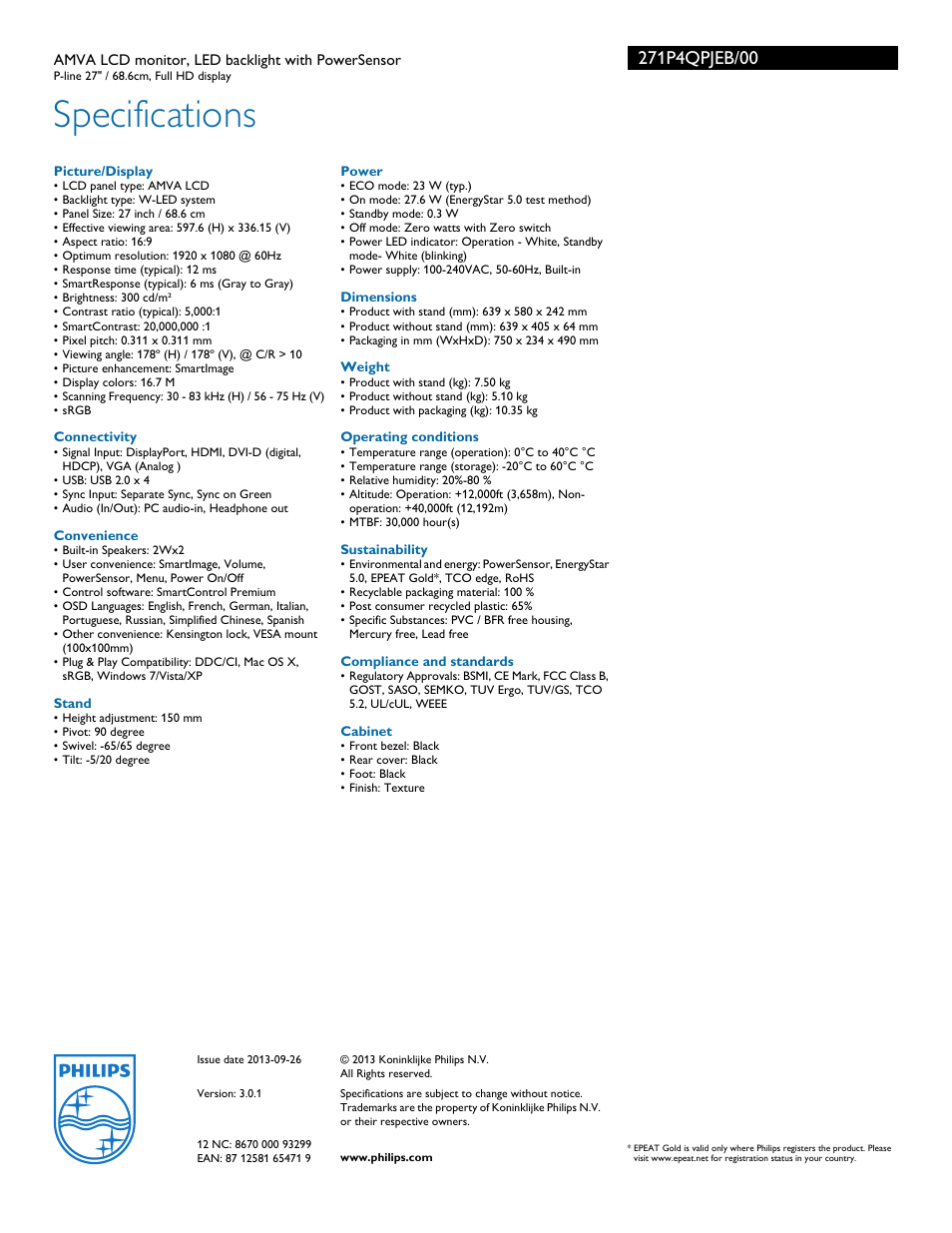 Specifications | Philips 271P4QPJEB-00 User Manual | Page 3 / 3