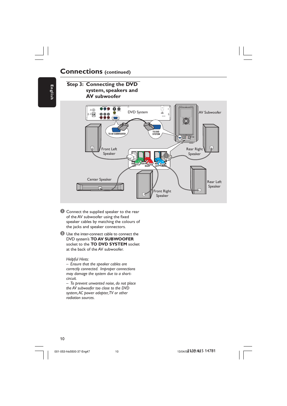 Connections, Continued), Front left center front right rear left rear right | Philips HTS5500C-37B User Manual | Page 10 / 53