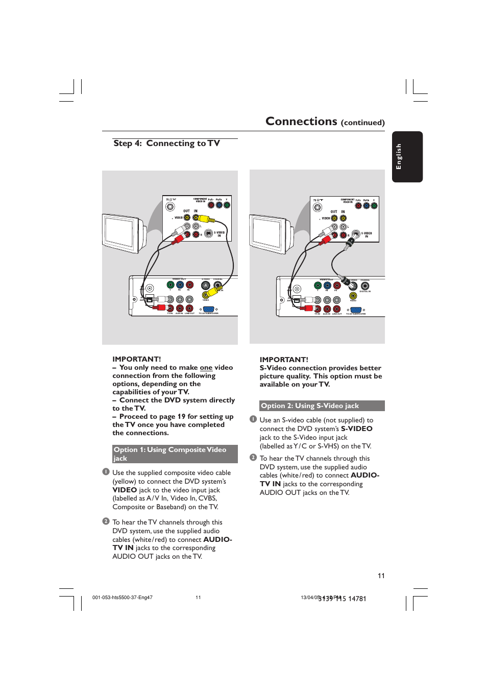 Connections, Step 4: connecting to tv, Continued) | English | Philips HTS5500C-37B User Manual | Page 11 / 53