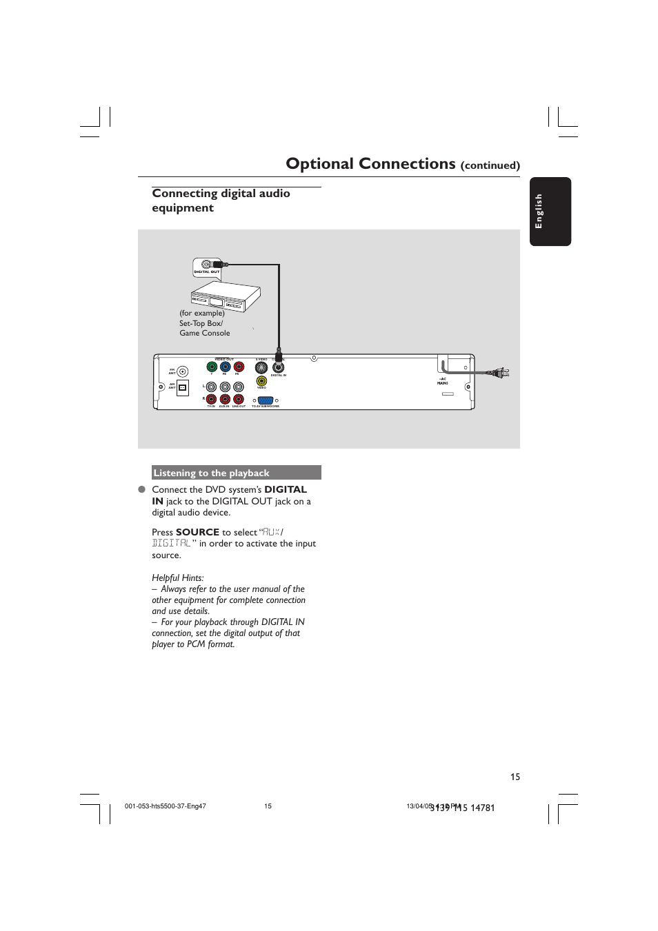 Optional connections, Connecting digital audio equipment, Continued) | Philips HTS5500C-37B User Manual | Page 15 / 53