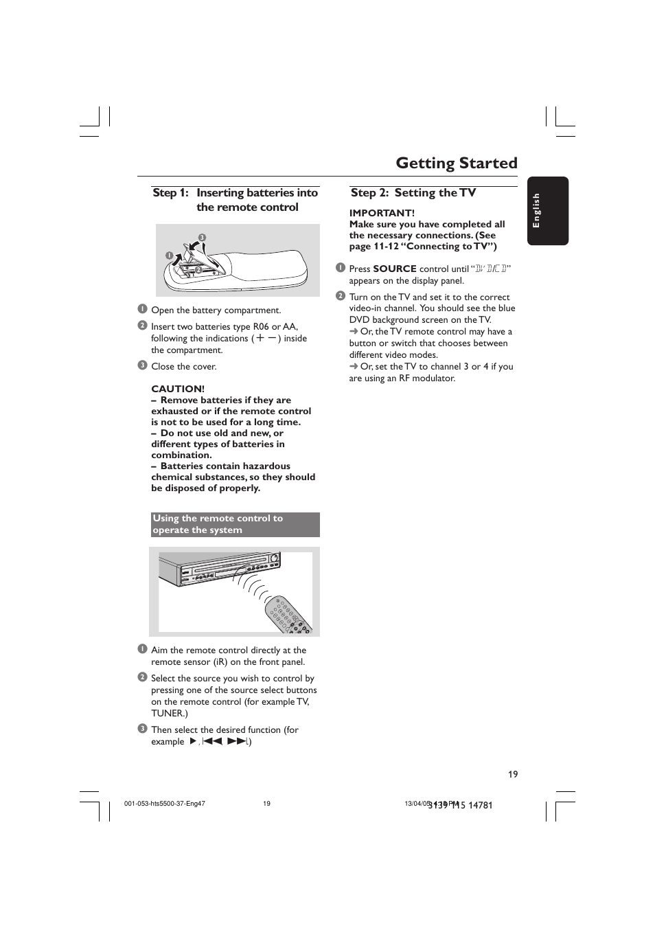 Getting started | Philips HTS5500C-37B User Manual | Page 19 / 53