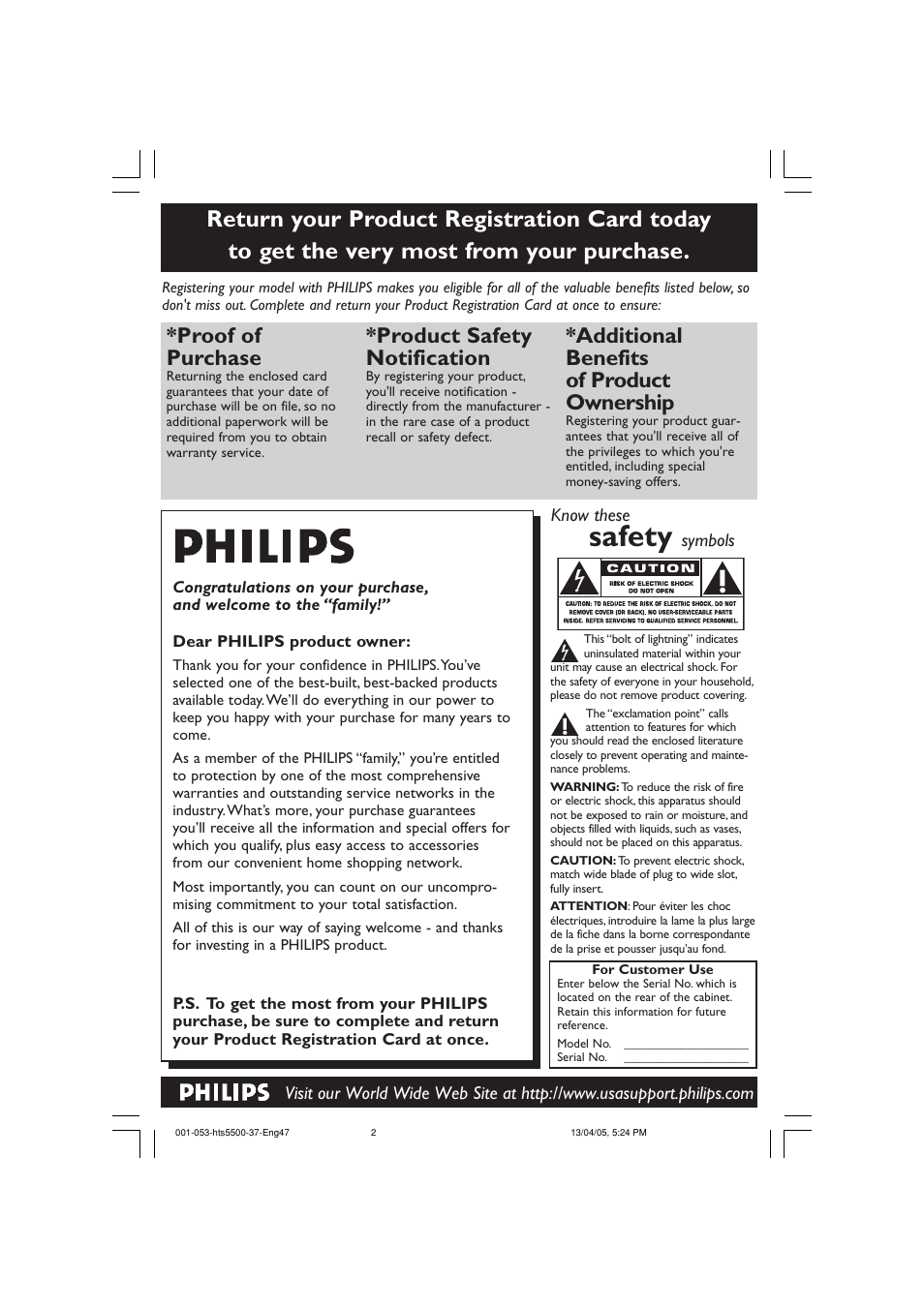 Safety, Proof of purchase, Product safety notification | Additional benefits of product ownership | Philips HTS5500C-37B User Manual | Page 2 / 53