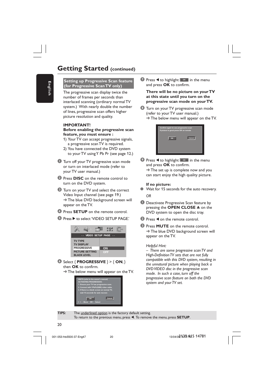 Getting started, Continued) | Philips HTS5500C-37B User Manual | Page 20 / 53