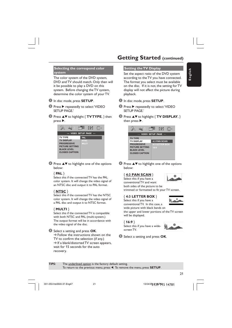 Getting started | Philips HTS5500C-37B User Manual | Page 21 / 53