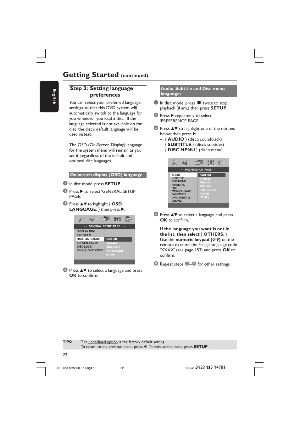 Getting started | Philips HTS5500C-37B User Manual | Page 22 / 53