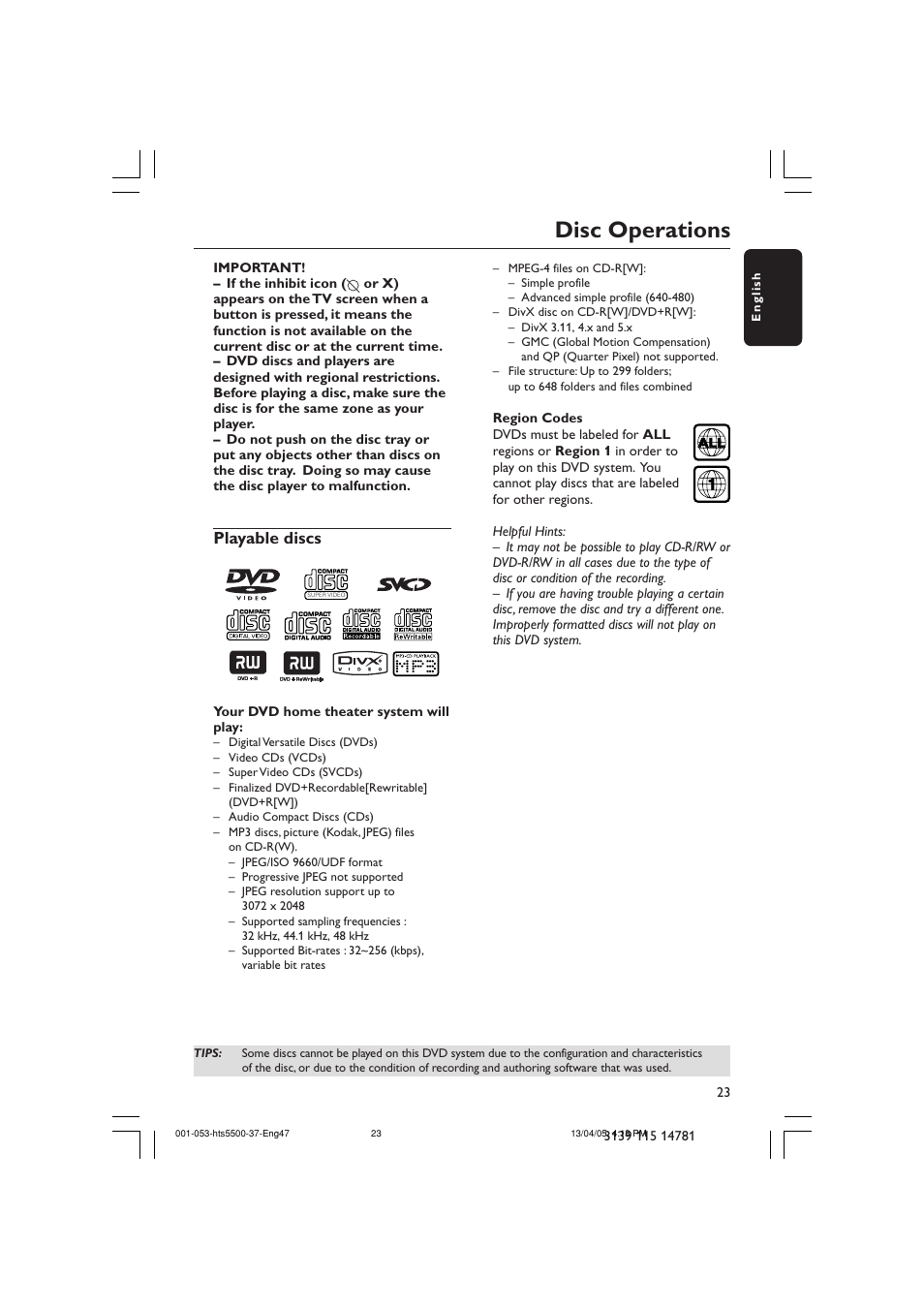 Disc operations, Playable discs | Philips HTS5500C-37B User Manual | Page 23 / 53