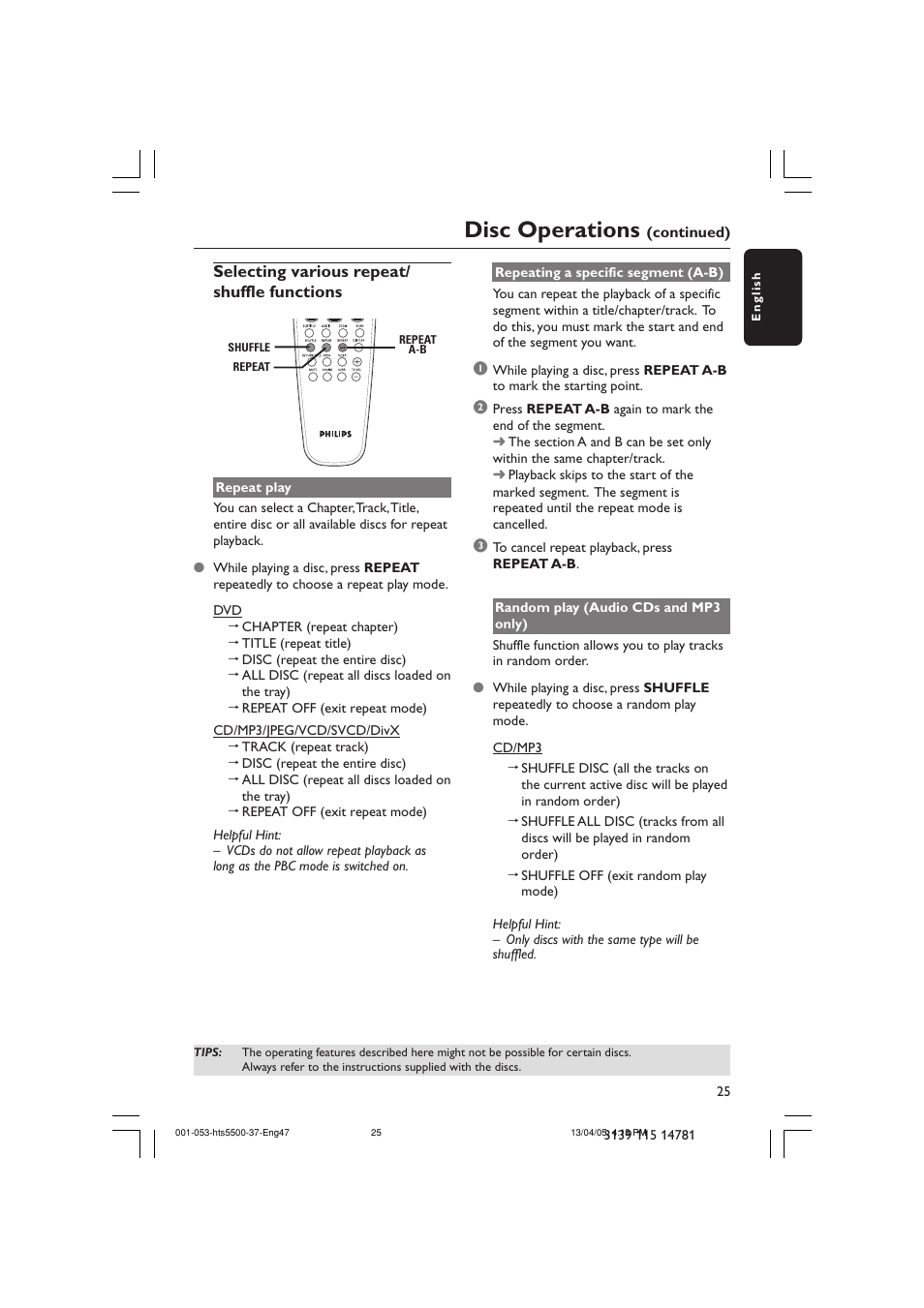 Disc operations | Philips HTS5500C-37B User Manual | Page 25 / 53