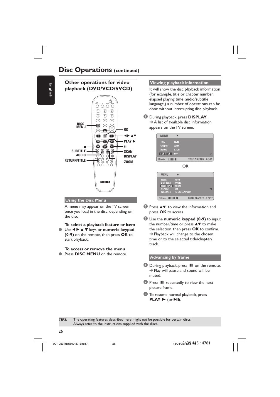 Disc operations | Philips HTS5500C-37B User Manual | Page 26 / 53