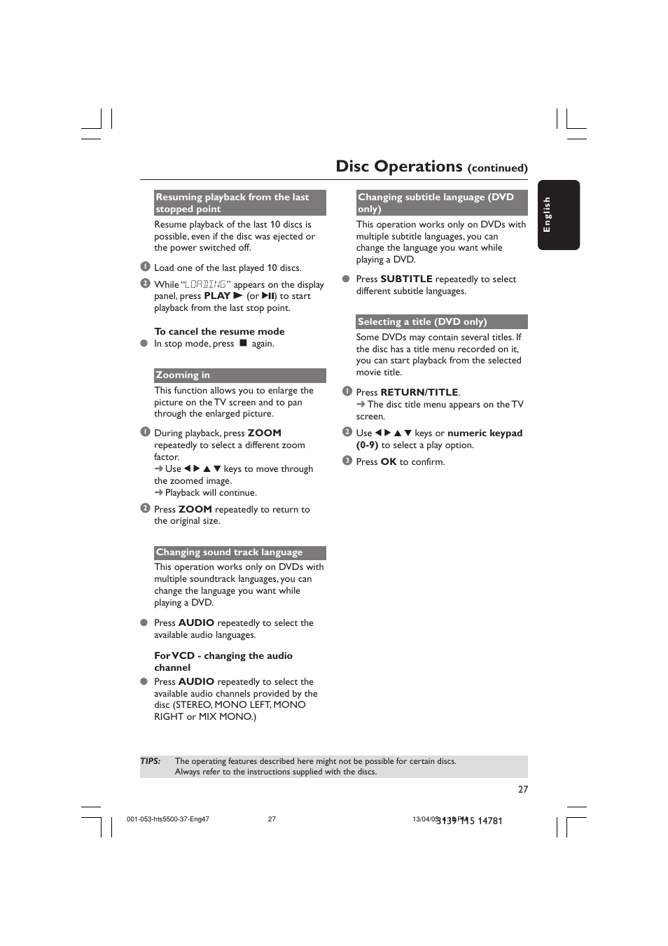 Disc operations | Philips HTS5500C-37B User Manual | Page 27 / 53