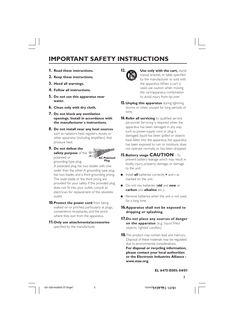 Important safety instructions, Caution | Philips HTS5500C-37B User Manual | Page 3 / 53