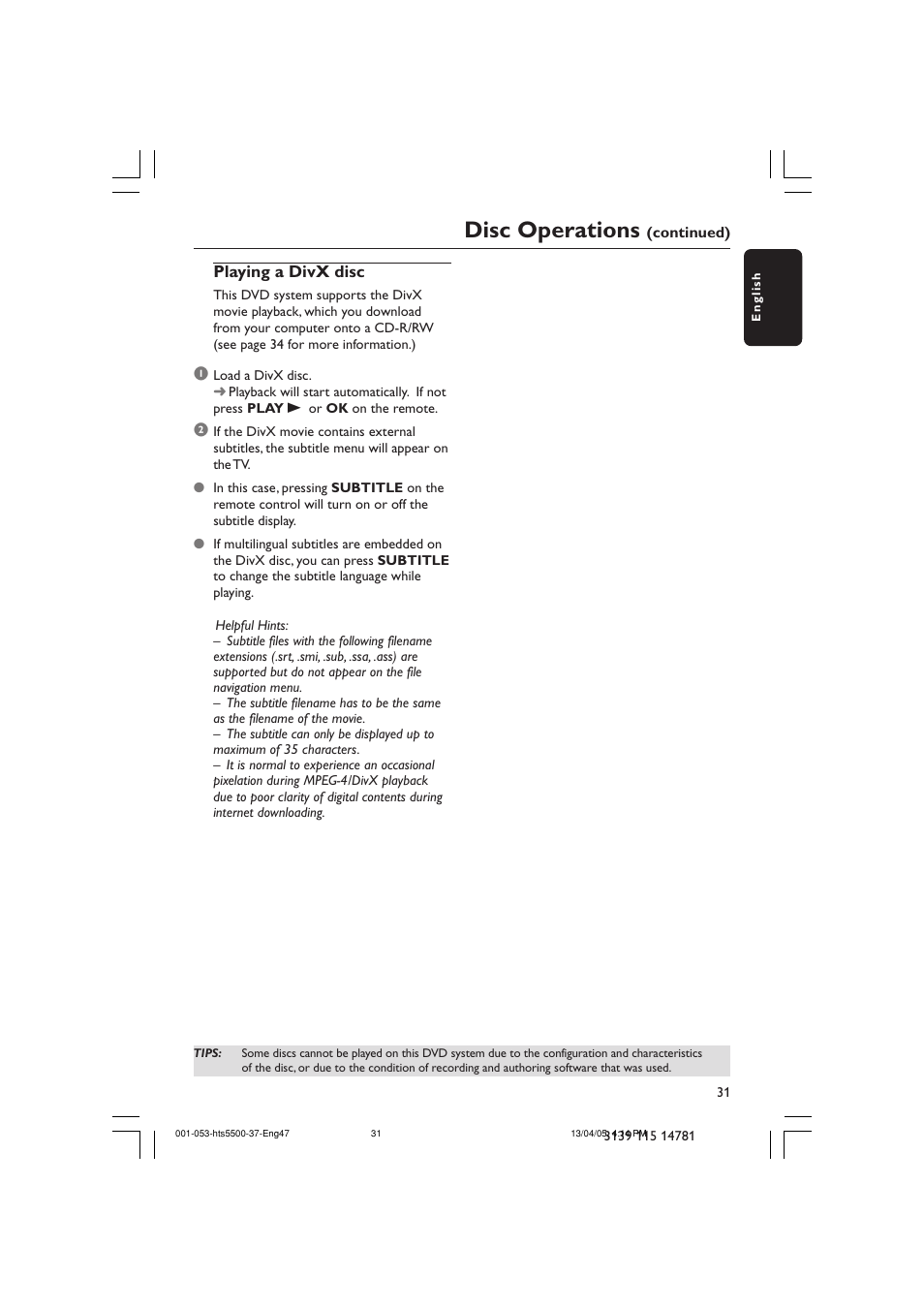 Disc operations | Philips HTS5500C-37B User Manual | Page 31 / 53