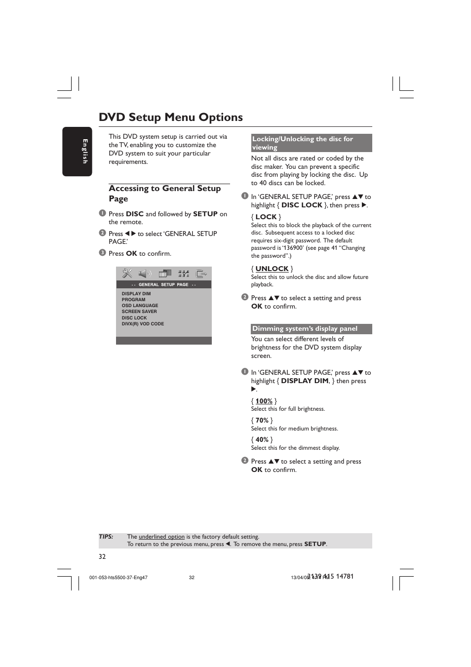 Dvd setup menu options | Philips HTS5500C-37B User Manual | Page 32 / 53