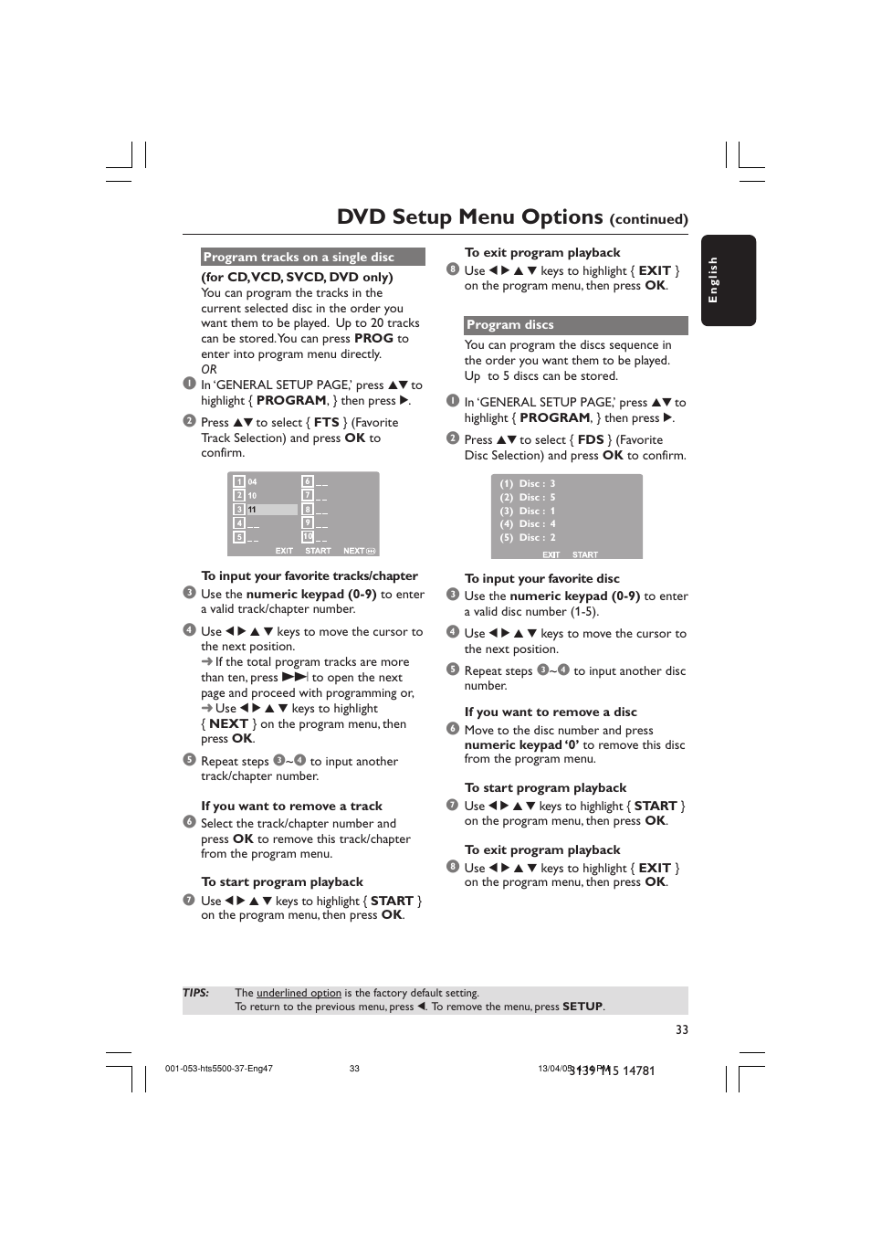 Dvd setup menu options | Philips HTS5500C-37B User Manual | Page 33 / 53