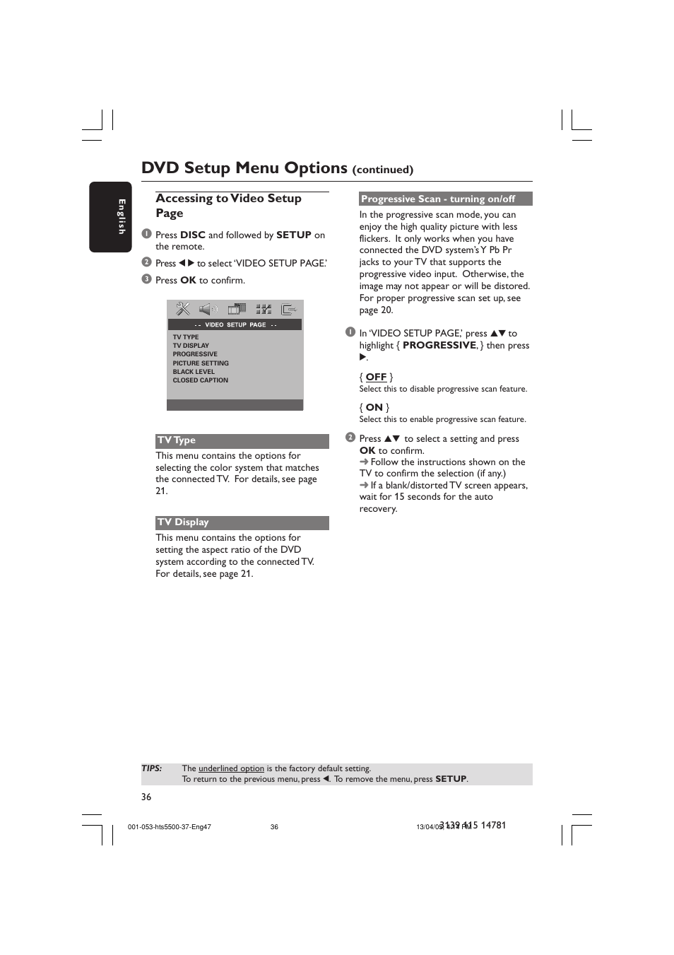 Dvd setup menu options | Philips HTS5500C-37B User Manual | Page 36 / 53