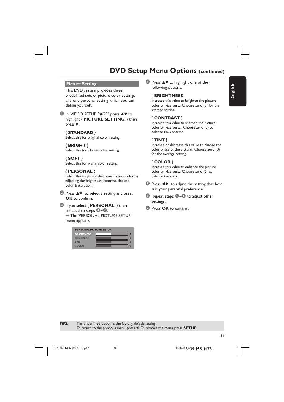 Dvd setup menu options | Philips HTS5500C-37B User Manual | Page 37 / 53