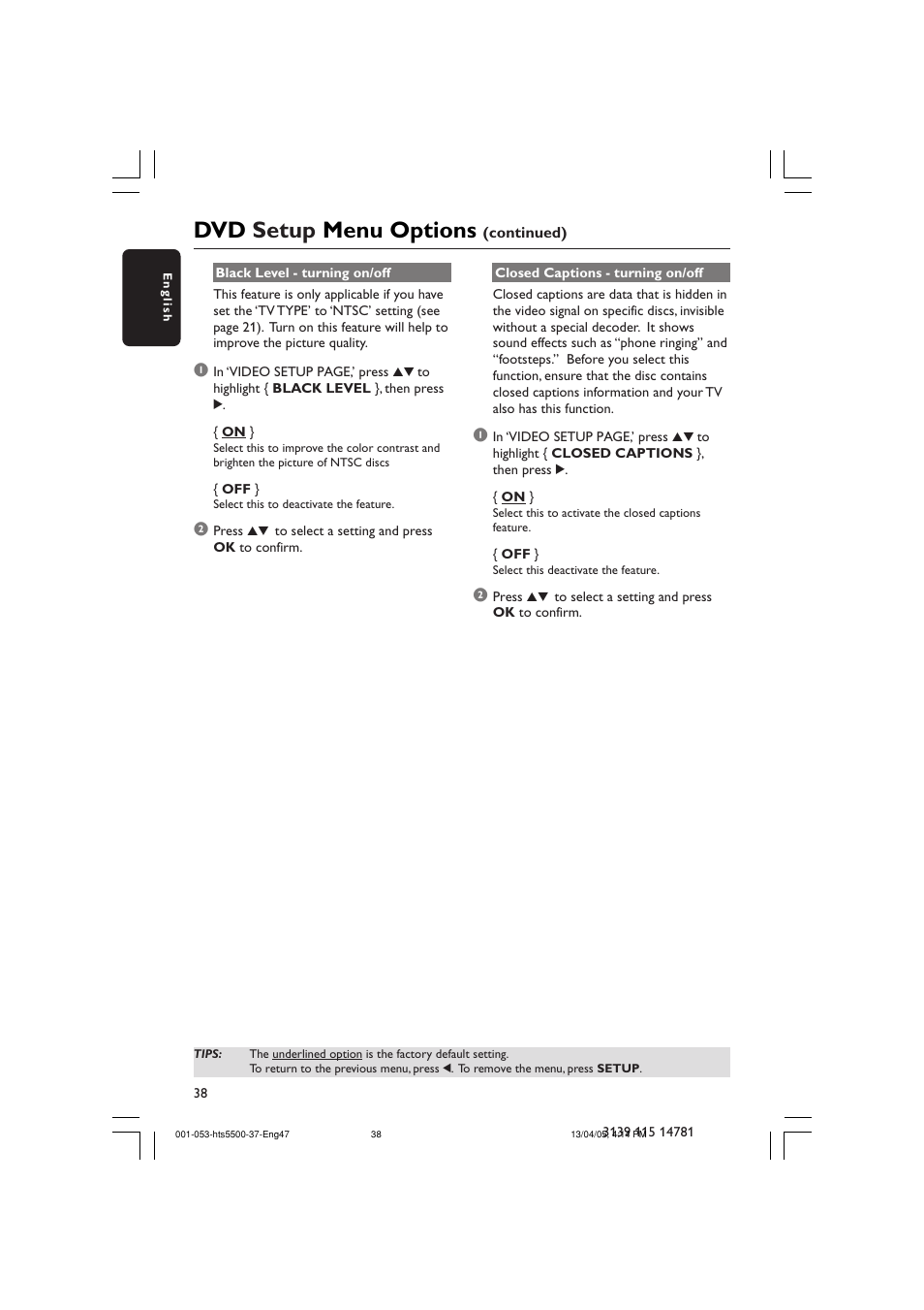 Dvd setup menu options | Philips HTS5500C-37B User Manual | Page 38 / 53