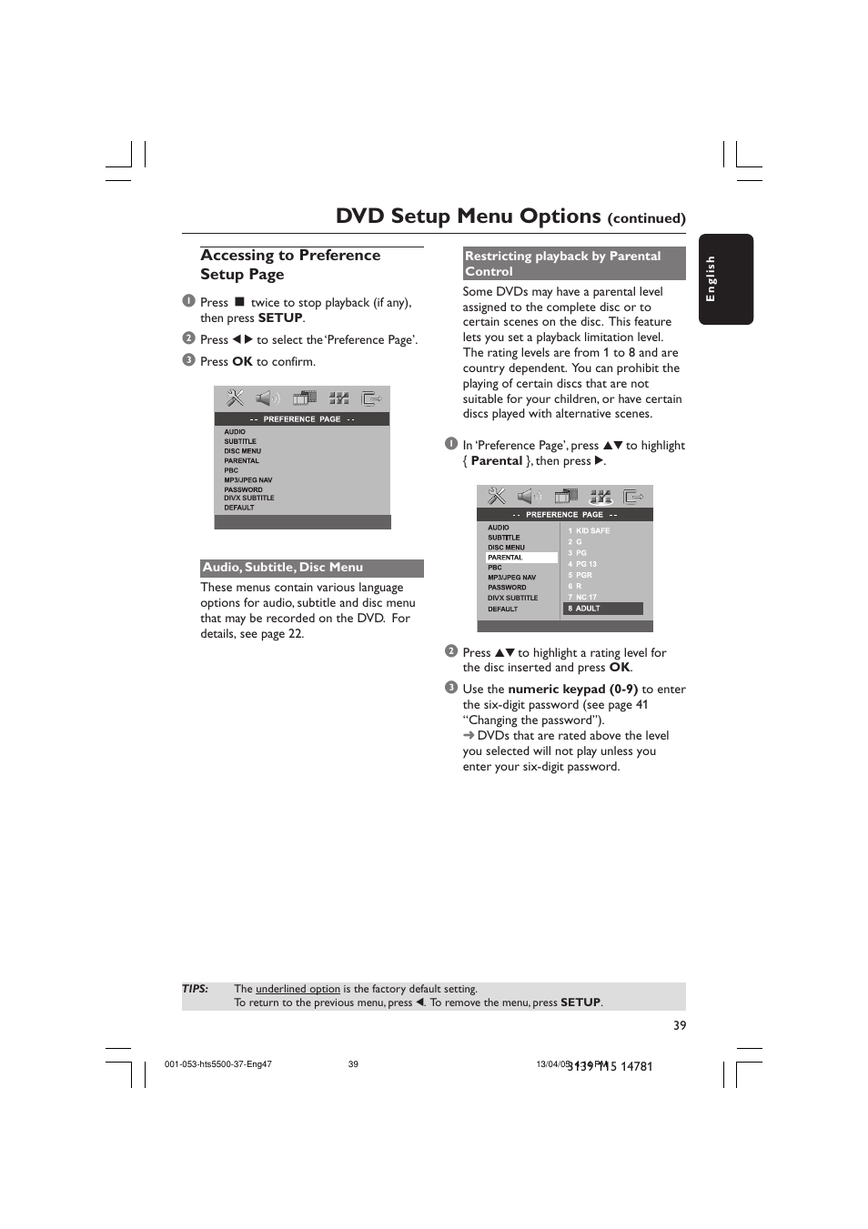 Dvd setup menu options | Philips HTS5500C-37B User Manual | Page 39 / 53