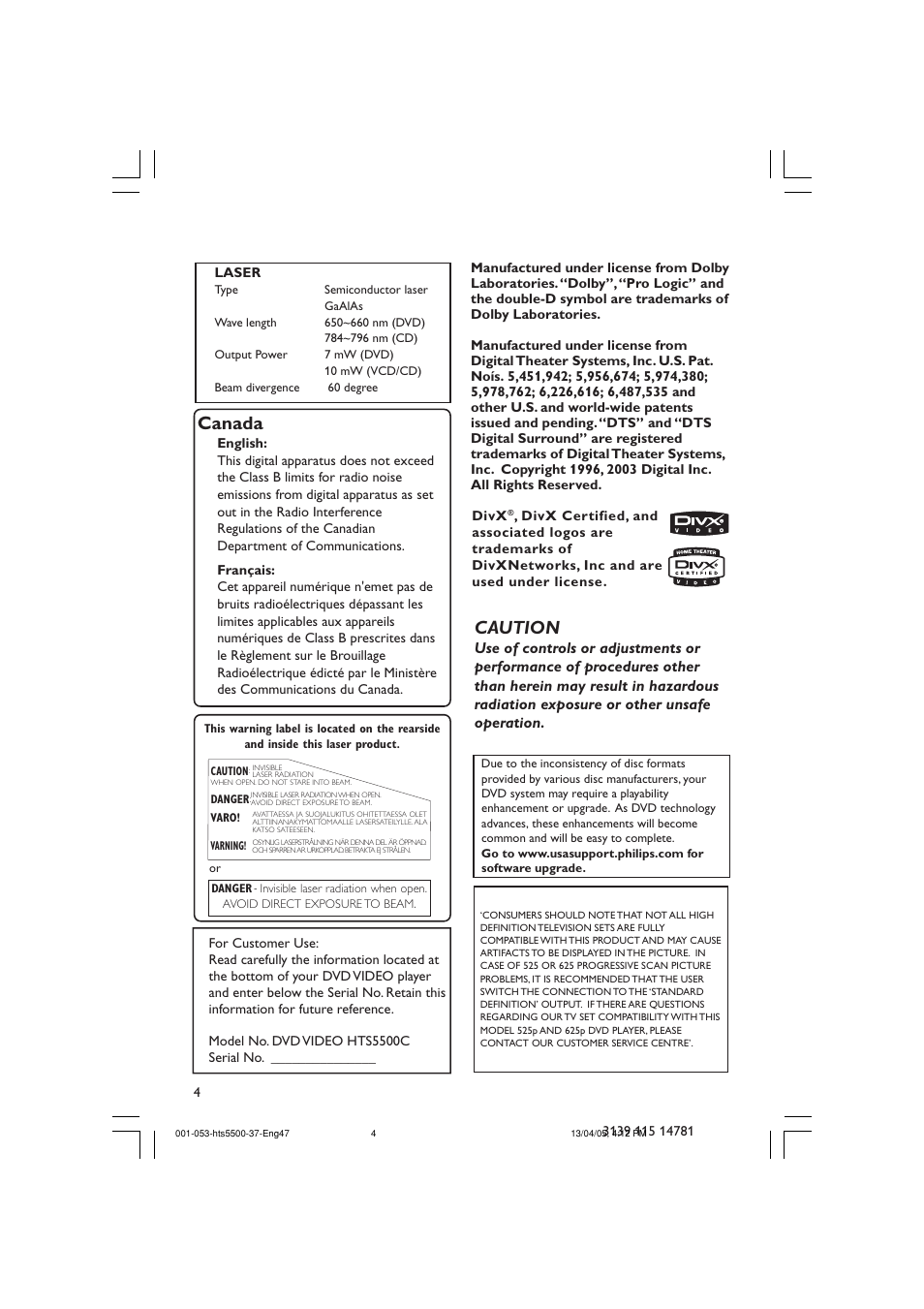 Canada, Caution | Philips HTS5500C-37B User Manual | Page 4 / 53