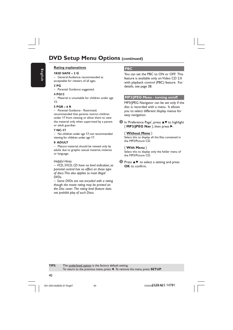 Dvd setup menu options | Philips HTS5500C-37B User Manual | Page 40 / 53