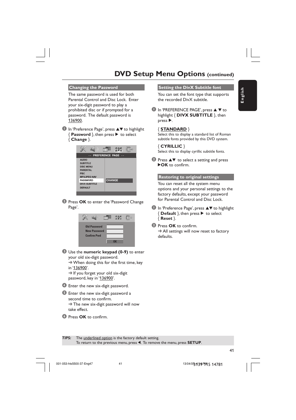 Dvd setup menu options | Philips HTS5500C-37B User Manual | Page 41 / 53