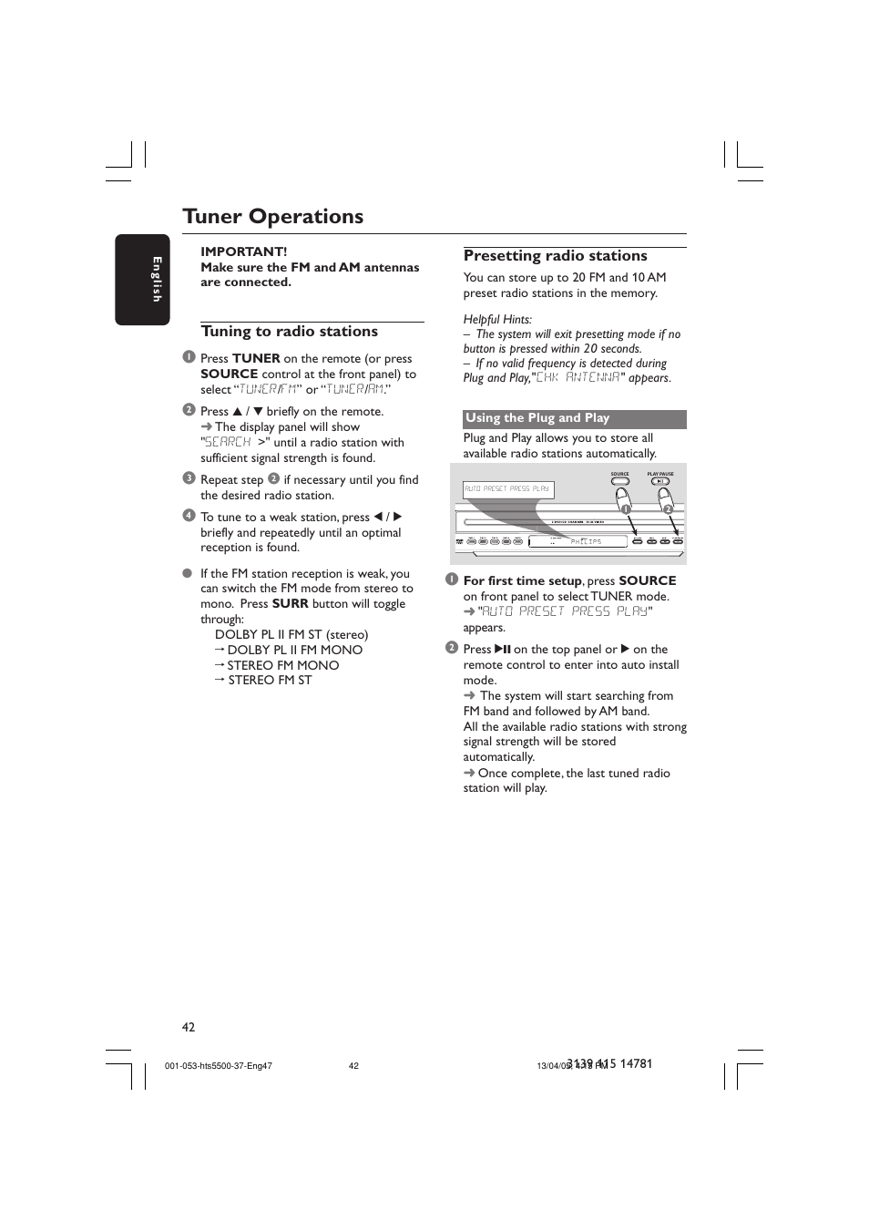 Tuner operations | Philips HTS5500C-37B User Manual | Page 42 / 53