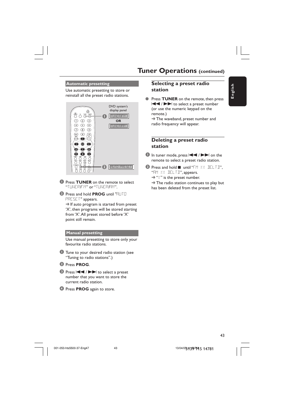 Tuner operations | Philips HTS5500C-37B User Manual | Page 43 / 53