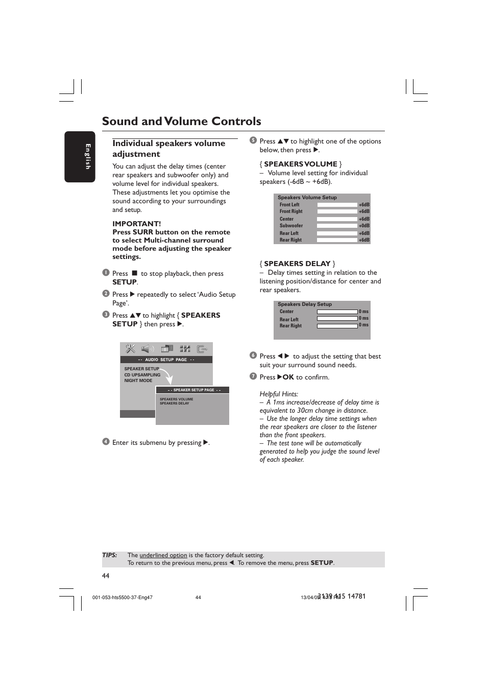 Sound and volume controls, Individual speakers volume adjustment | Philips HTS5500C-37B User Manual | Page 44 / 53