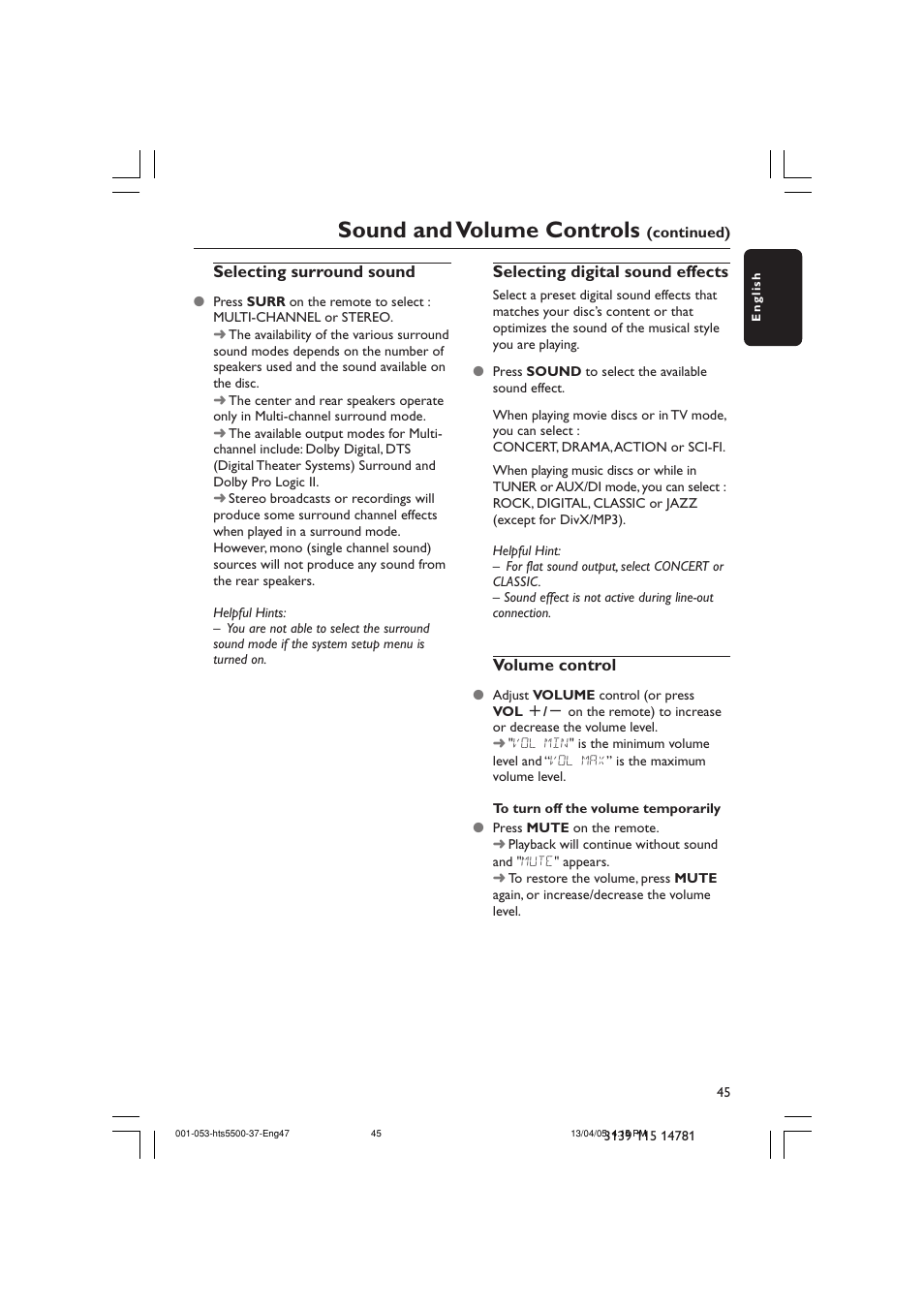 Sound and volume controls | Philips HTS5500C-37B User Manual | Page 45 / 53