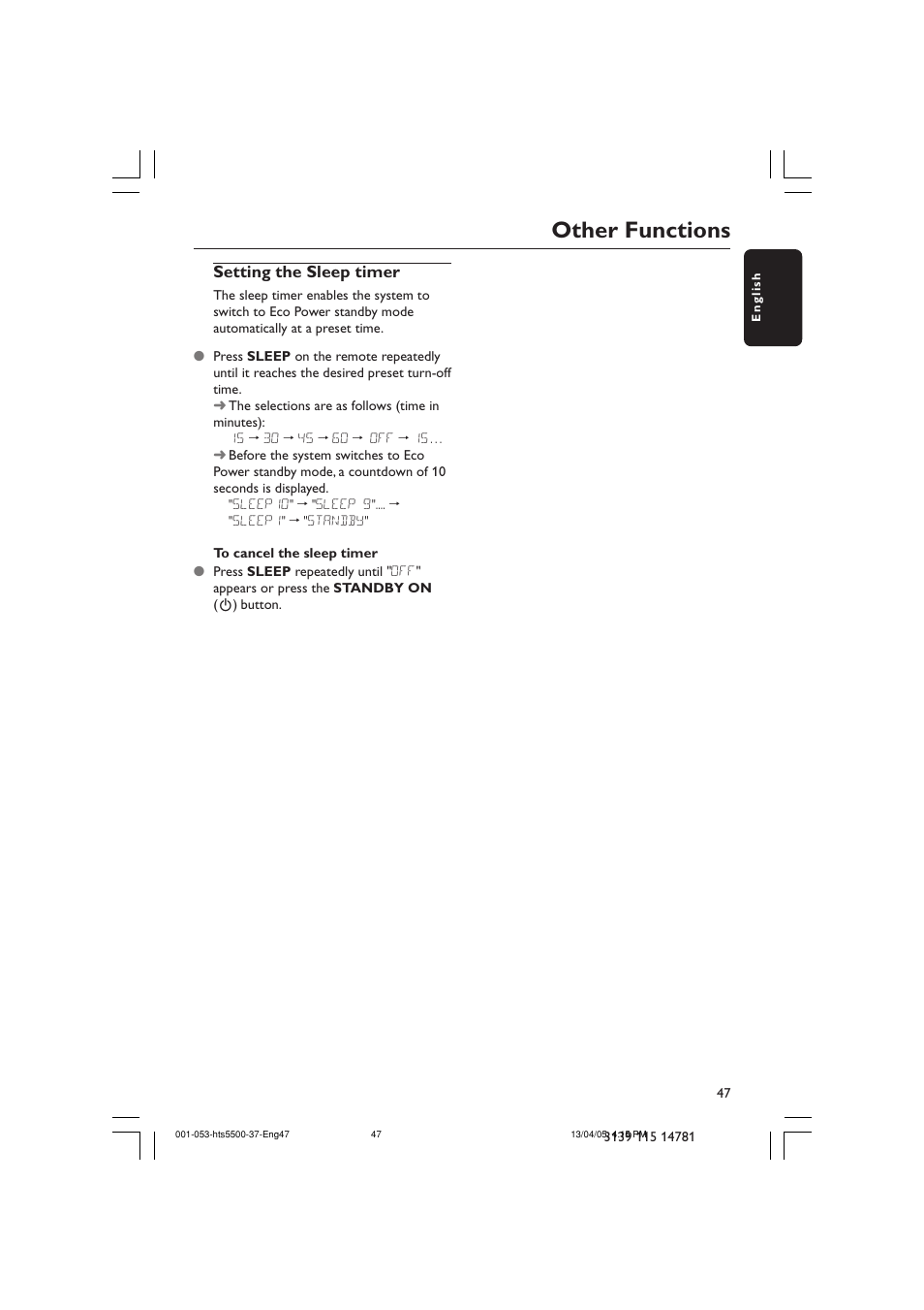 Other functions | Philips HTS5500C-37B User Manual | Page 47 / 53