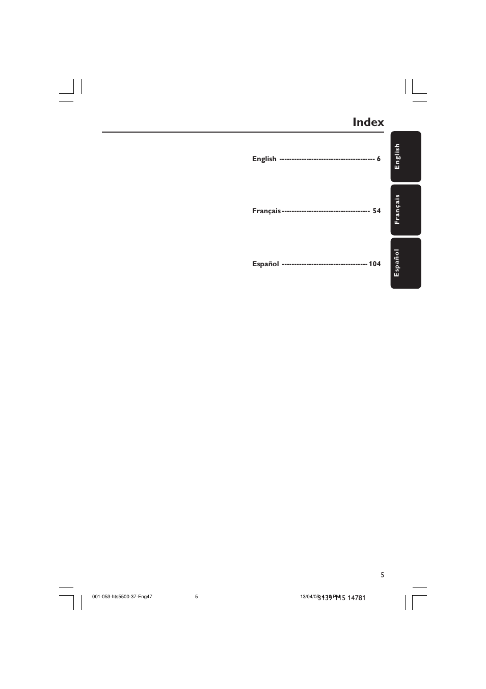 Index | Philips HTS5500C-37B User Manual | Page 5 / 53
