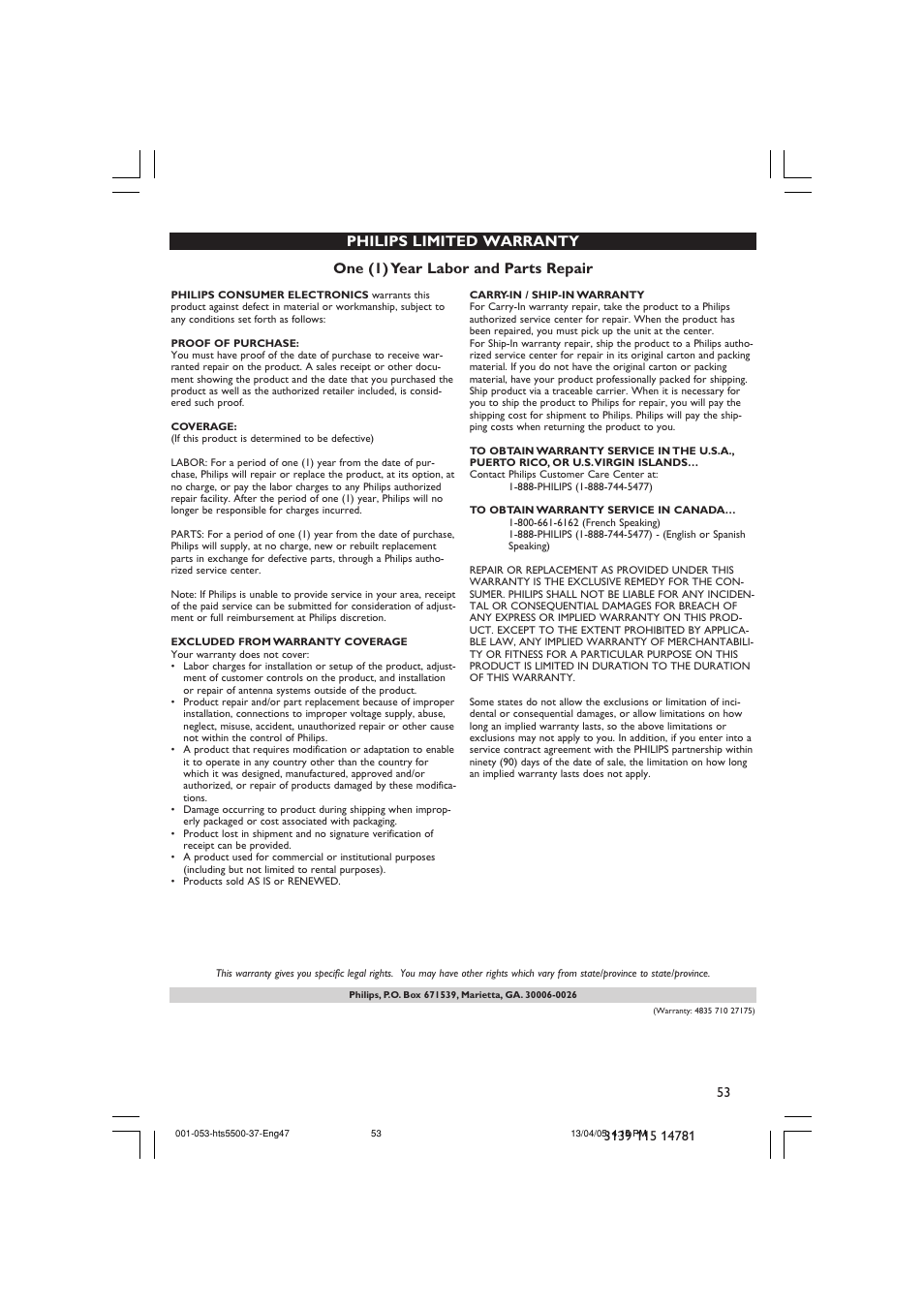 Philips HTS5500C-37B User Manual | Page 53 / 53