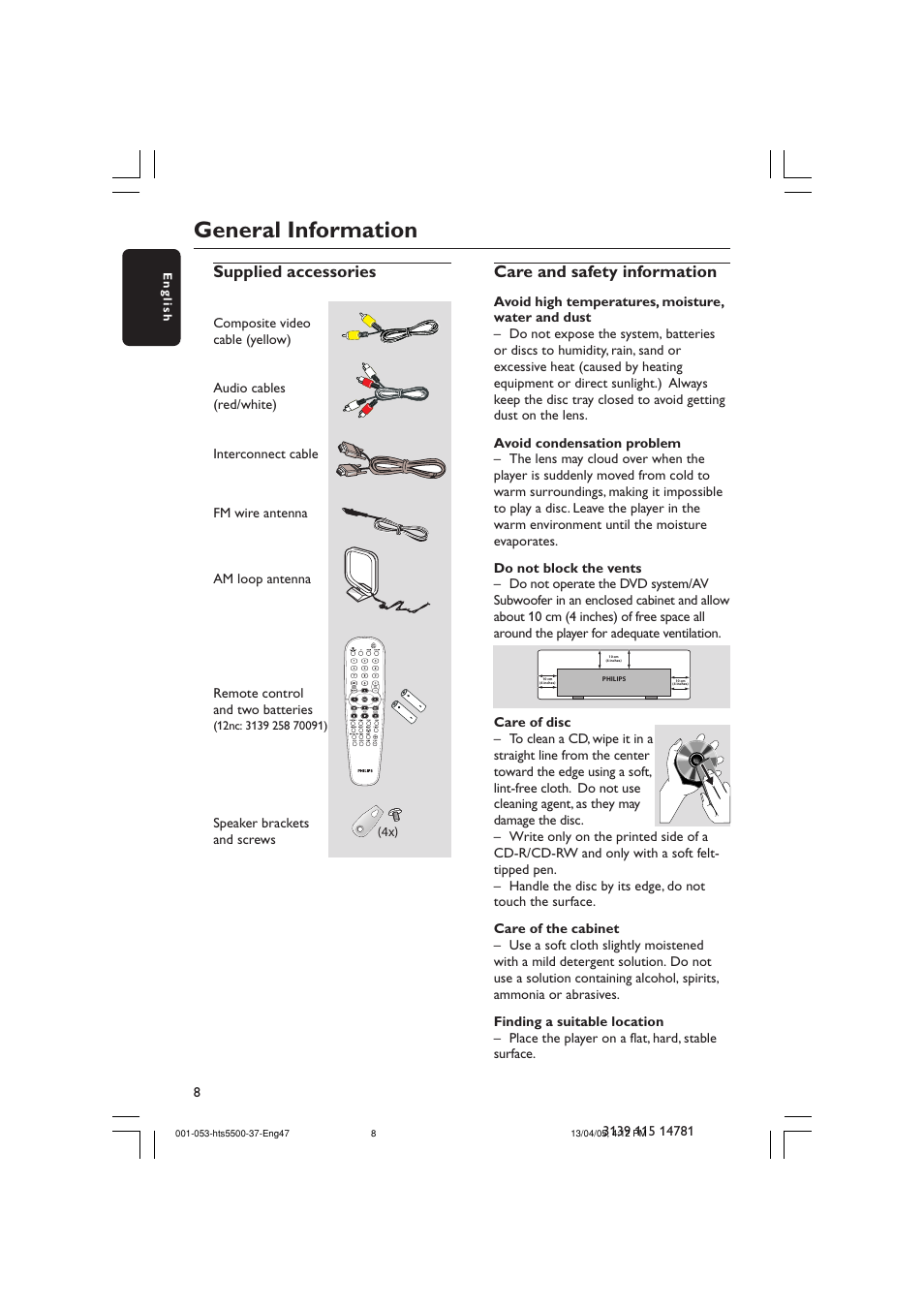 General information, Supplied accessories, Care and safety information | Philips HTS5500C-37B User Manual | Page 8 / 53
