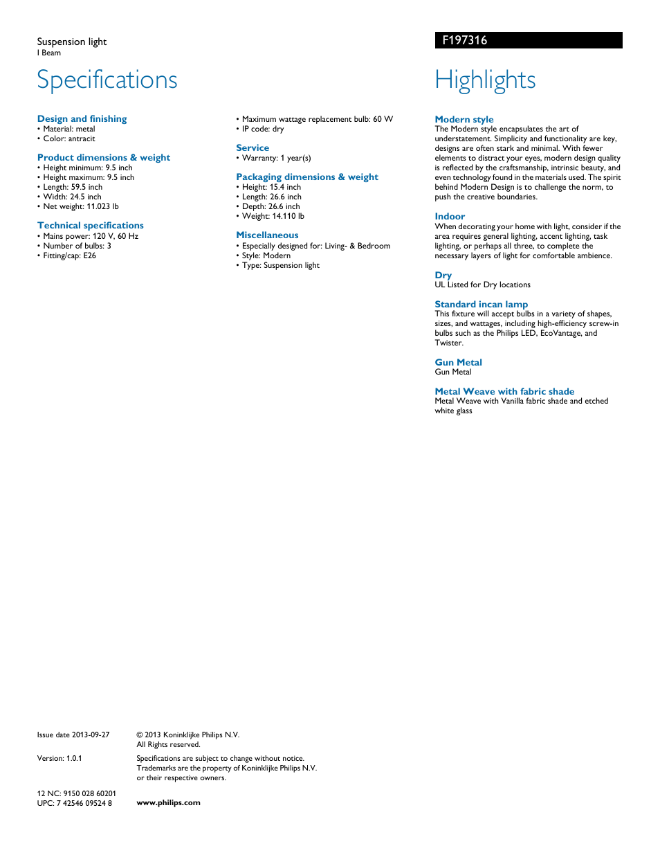 Specifications, Highlights | Philips F197316 User Manual | Page 2 / 2