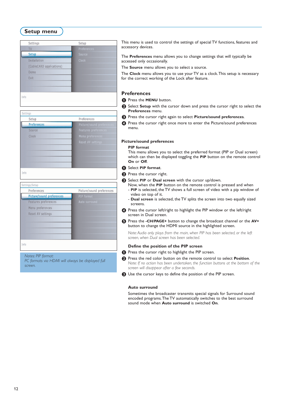 Setup menu, Preferences | Philips 50PF7220A-37 User Manual | Page 14 / 48