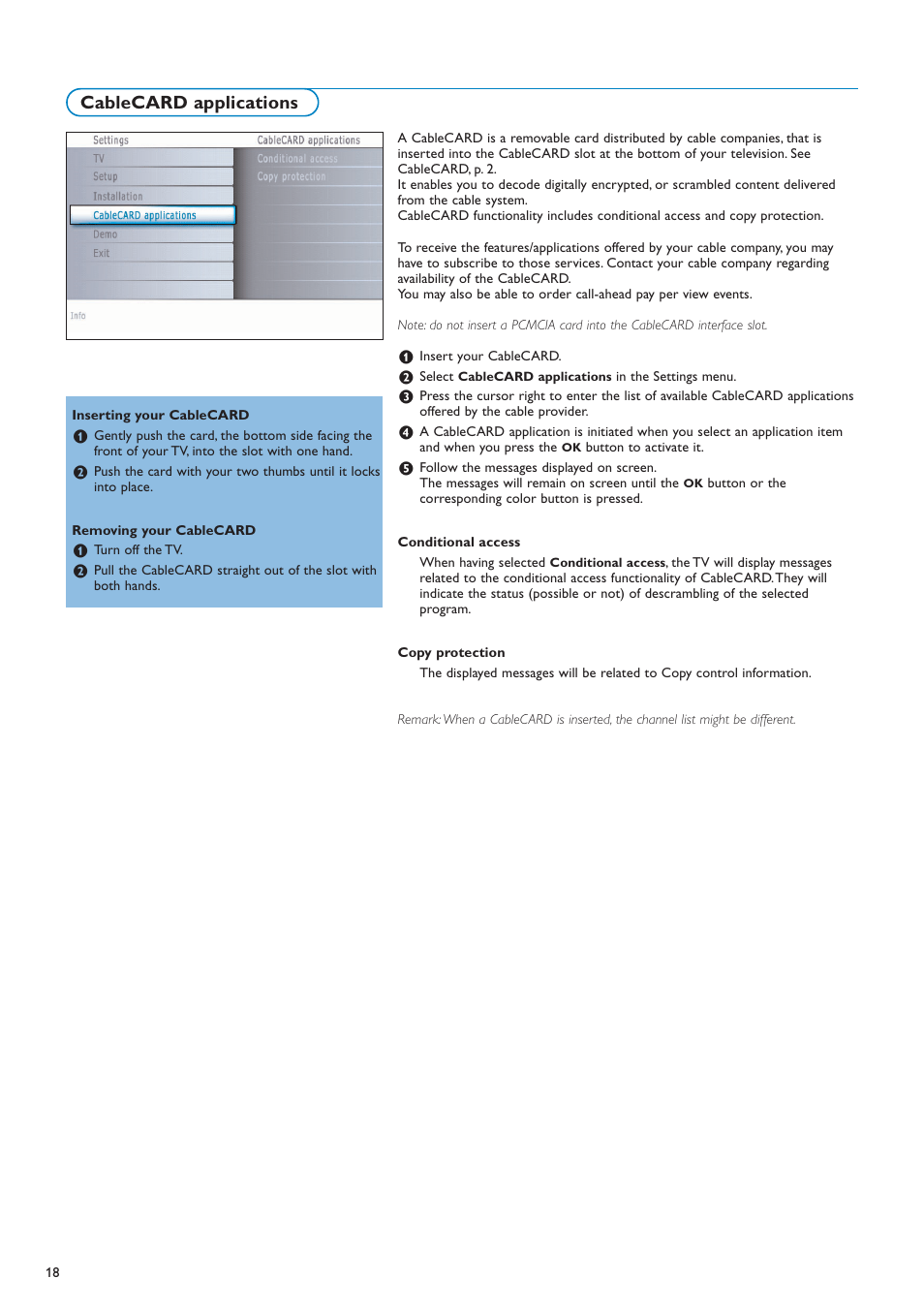 Cablecard applications | Philips 50PF7220A-37 User Manual | Page 20 / 48