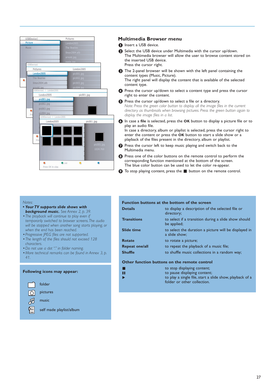 Multimedia browser menu | Philips 50PF7220A-37 User Manual | Page 29 / 48