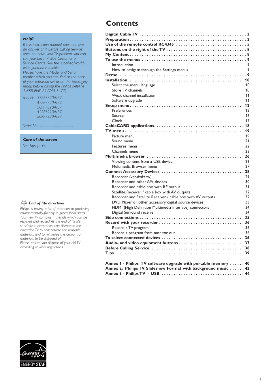 Philips 50PF7220A-37 User Manual | Page 3 / 48