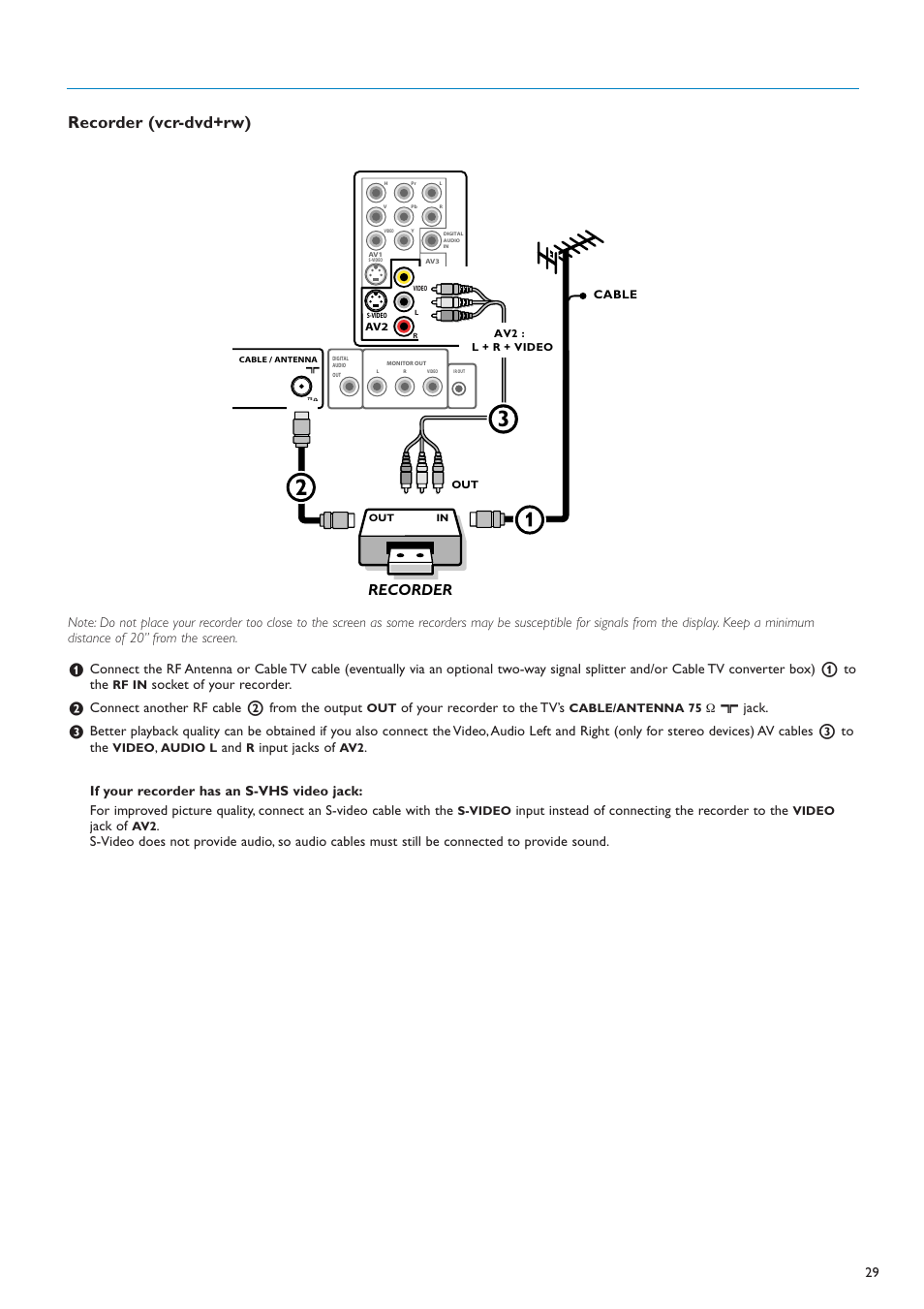 Recorder (vcr-dvd+rw), Recorder, Socket of your recorder | Connect another rf cable 2 from the output, Of your recorder to the tv’s, X jack, Input jacks of, Input instead of connecting the recorder to the, Jack of | Philips 50PF7220A-37 User Manual | Page 31 / 48