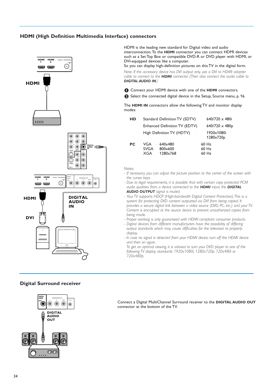 Hdmi, Hdmi dvi digital audio in, Connector. (then also connect the audio cable to | Connect your hdmi device with one of the, Connectors, Input, the | Philips 50PF7220A-37 User Manual | Page 36 / 48