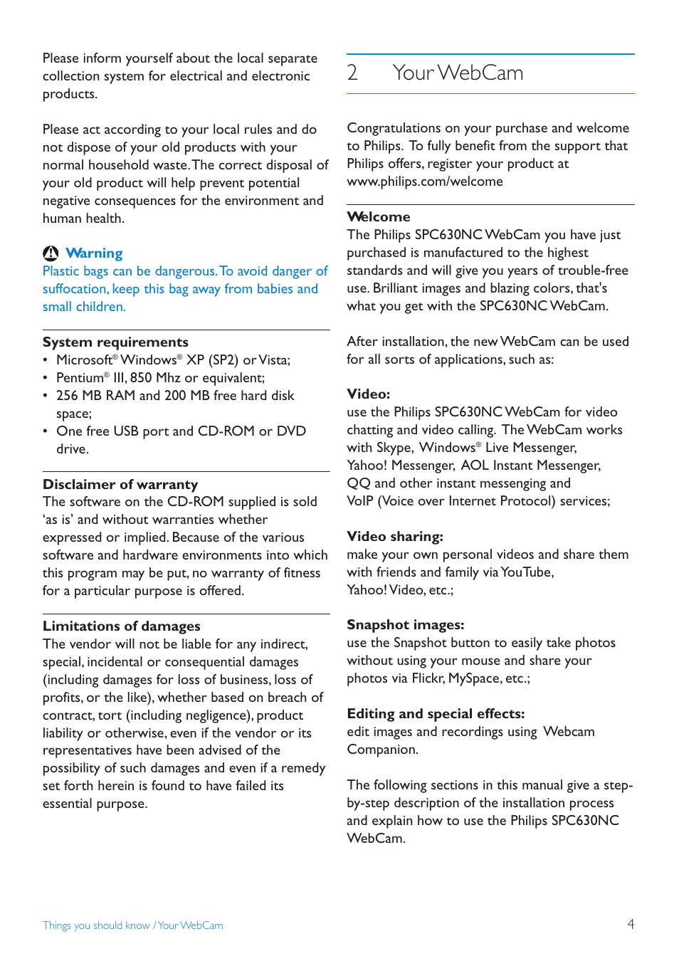 2your webcam | Philips SPC630NC-00 User Manual | Page 4 / 20